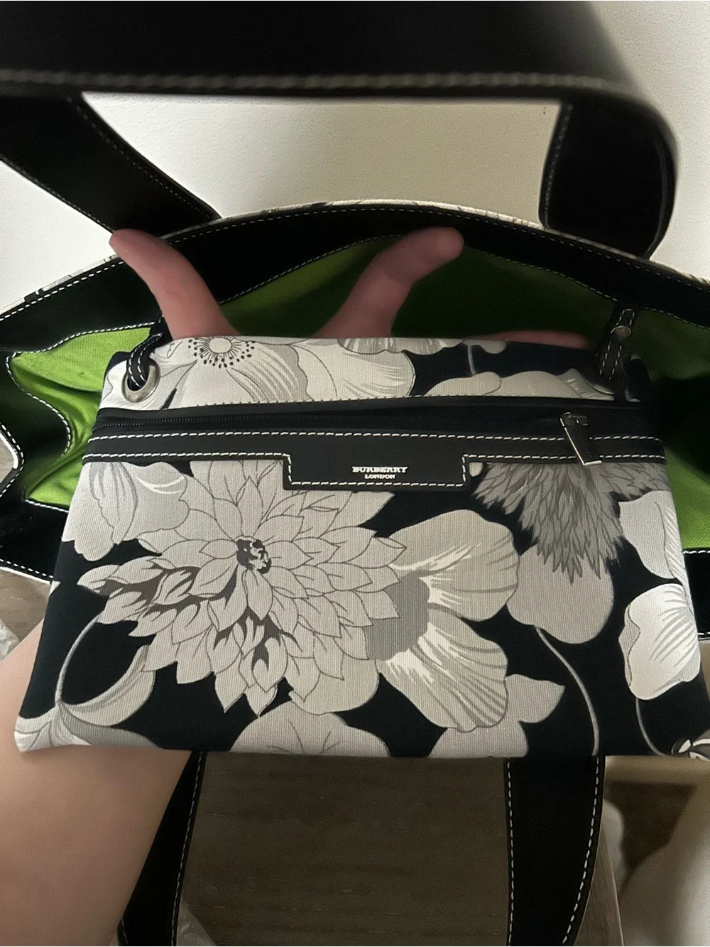 Burberry London Y2K Vintage Leather Trimmed Floral Canvas Tote With Pouch